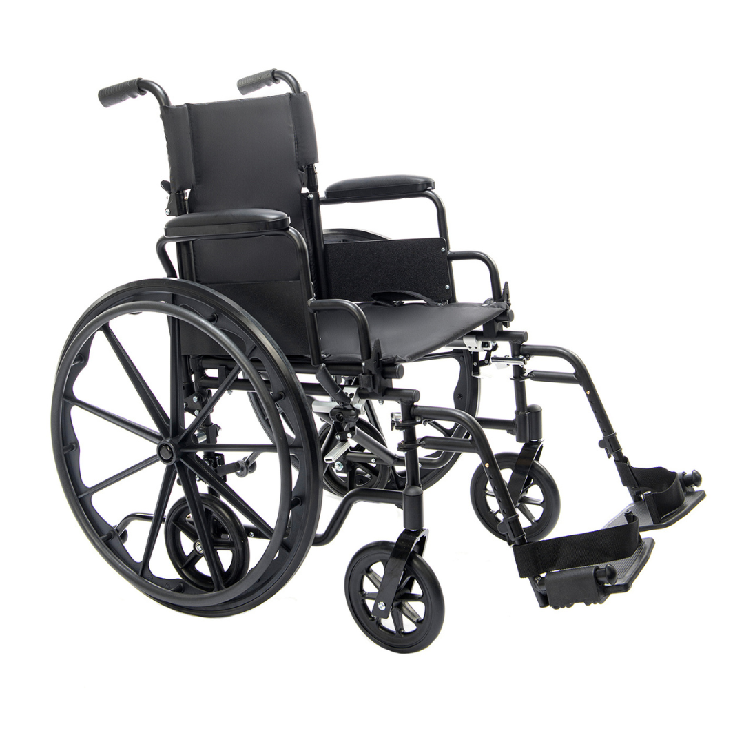 The Protekt Cambria™ Transport/Wheelchair Combo, shown in black with large rear wheels, small front wheels, armrests, and footrests against a white background, offers a portable mobility solution.